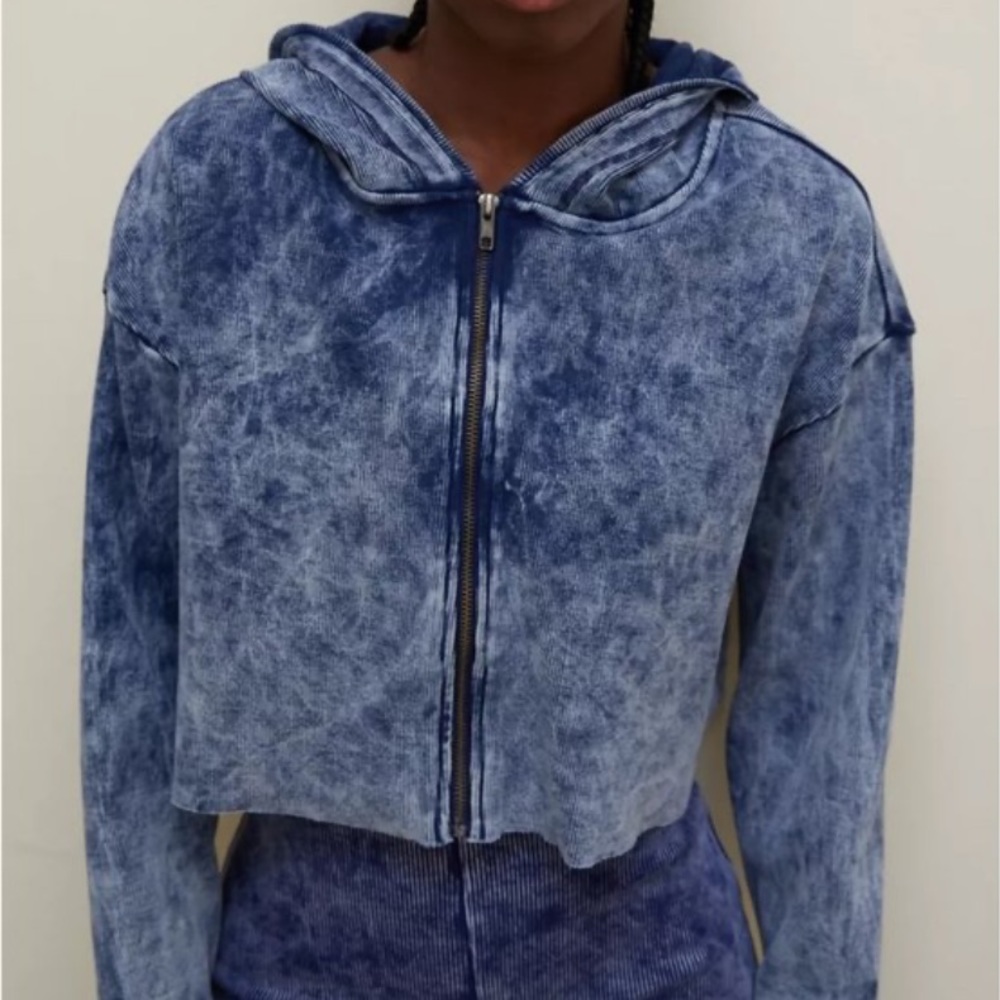 UO Acid Wash Grunge 90s Ribbed Zip Up Hoodie Sweatshirt